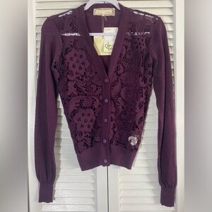 Anthropologie a’reve Purple Button Up Cardigan w/Lace Front, Size S